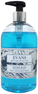 Evans Vanodine Ocean Blue - Hand Soap, Bodywash and Hair Shampoo - 500ml Hand Pump